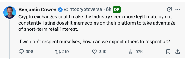 for some reason i had this cowen dude muted

<a href="/cz_binance/">CZ 🔶 BNB</a>  can do the funniest thing here ngl

dogeshit memecoin on bnb - 0xa3aef123864b1284105aab5bd8249639bf6c4444

send this to millies