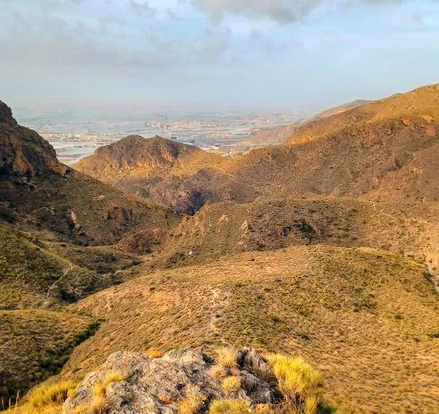 Barranco de San Antonio desde el ascenso al Llano de las Gallinas por el sendero del sapo, en la Sierra de Gádor: el barranco serpentea, entre crestas con esparto, formando meandros. Entre Enix y Aguadulce, Almería.