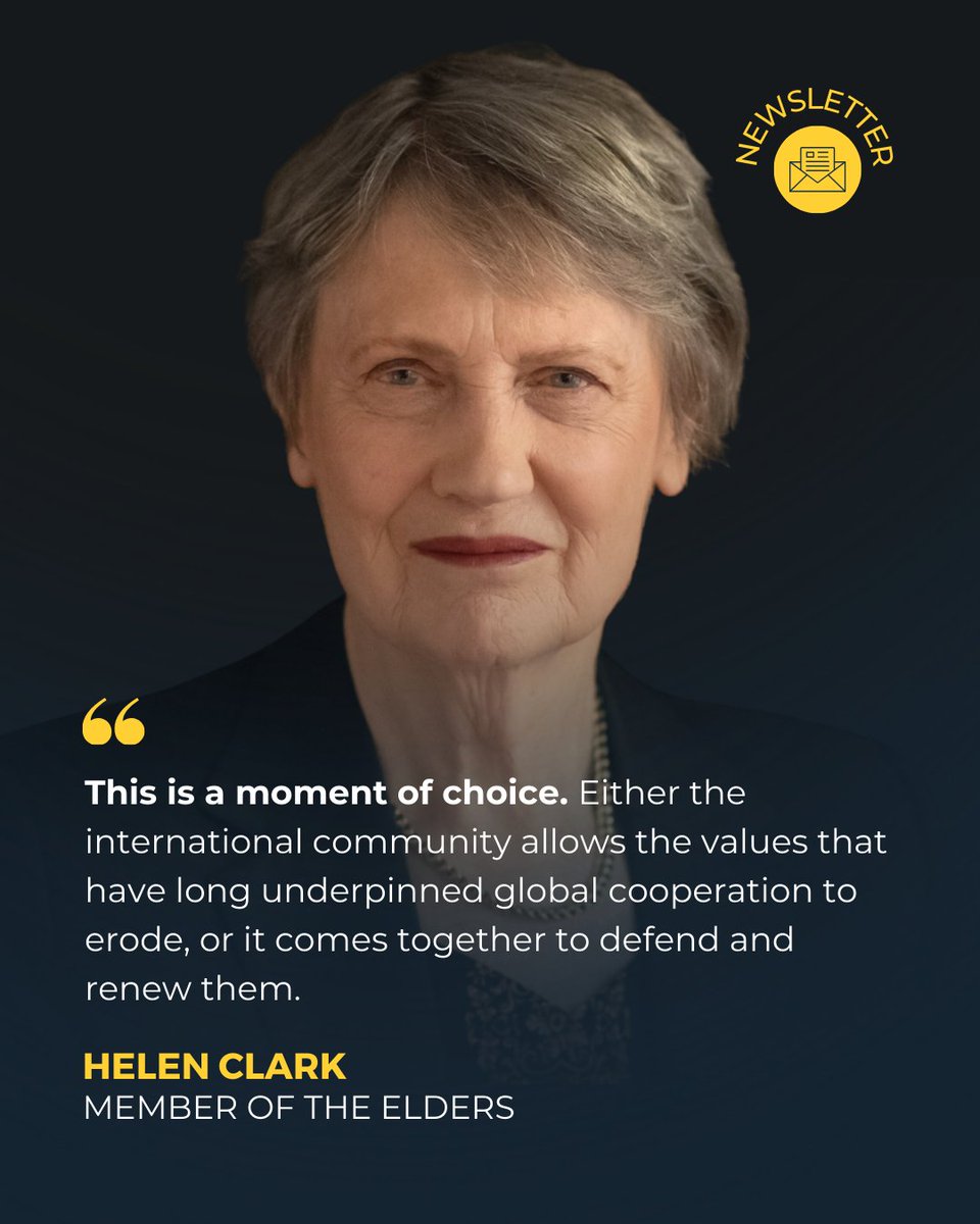 TheElders's tweet photo. ✉️NEWSLETTER | We must reject a world governed by raw power

@HelenClarkNZ reflects on Davos, President Trump’s Board of Peace and pushing back against “might-is-right” as The Elders head to the Munich Security Conference.

Read and subscribe via 🔗 below. https://t.co/MJYmDRz4Ci