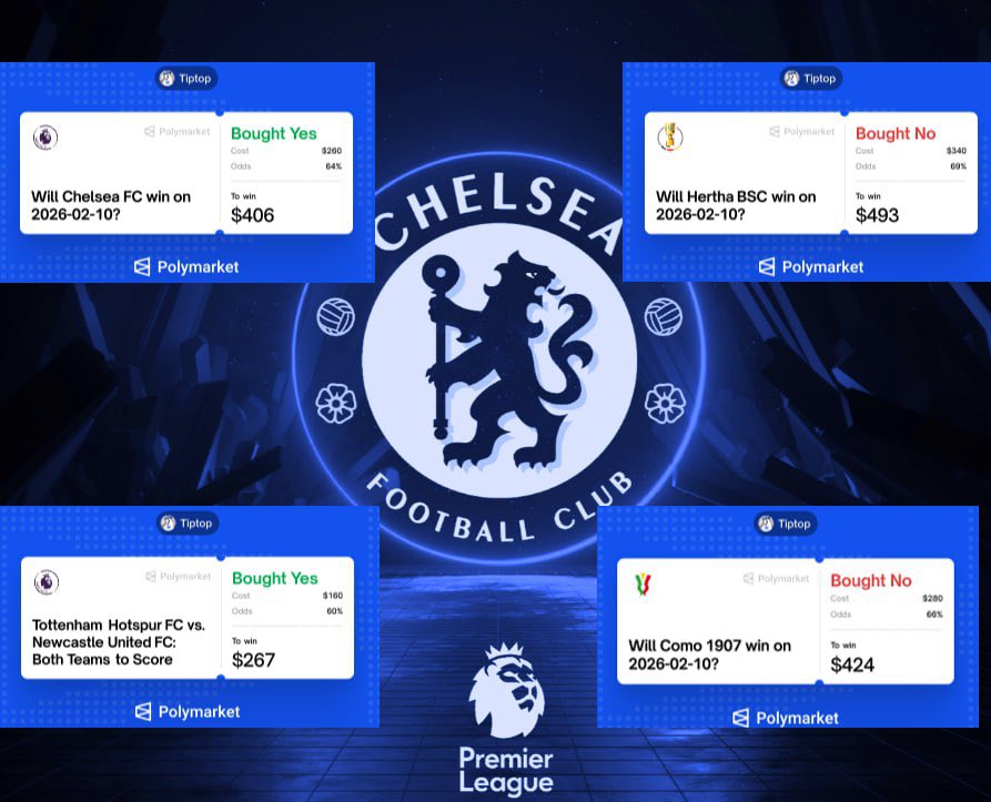 dobioprer's tweet image. My predictions for today's football matches on  @Polymarket
 
EPL. Will @ChelseaFC win on 2026-02-10? YES

EPL. Tottenham Hotspur FC vs. Newcastle United FC: Both Teams to Score

Coppa Italia. Will Como 1907 win on 2026-02-10? NO

DFB-Pokal. Will Hertha BSC win on 2026-02-10? NO