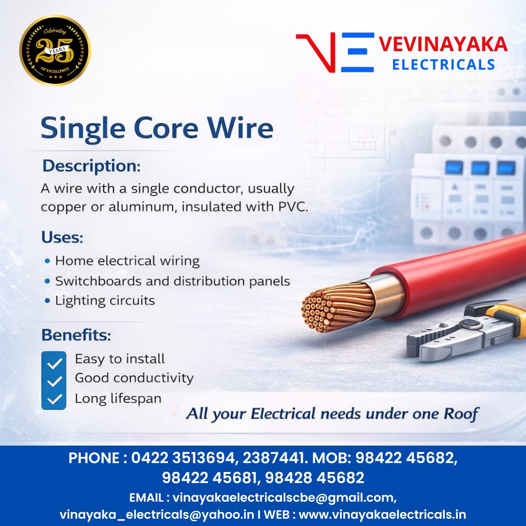 Vinayakaelctric's tweet image. In electrical projects, performance starts at the conductor level.
Single core wires offer reliable conductivity, easy installation, and long-term safety across residential and commercial applications.
#ElectricalWiring #SingleCoreWire #ConstructionIndustry #ElectricalEngineering