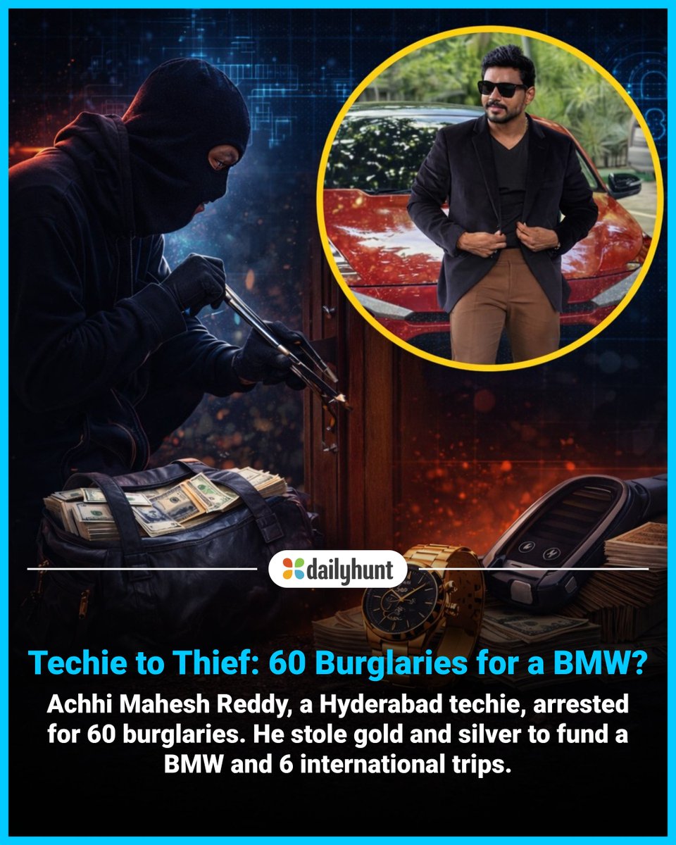 DailyhuntApp's tweet image. An ex-techie from Andhra Pradesh pulled off 60+ robberies to fund his lavish lifestyle.
📸 Credit: AI-Generated, Republic TV

Read more from Republic TV English and other top sources here: 
w.dhunt.in/13oFZ5?partner…

#techie #robbery #news #trending #crime