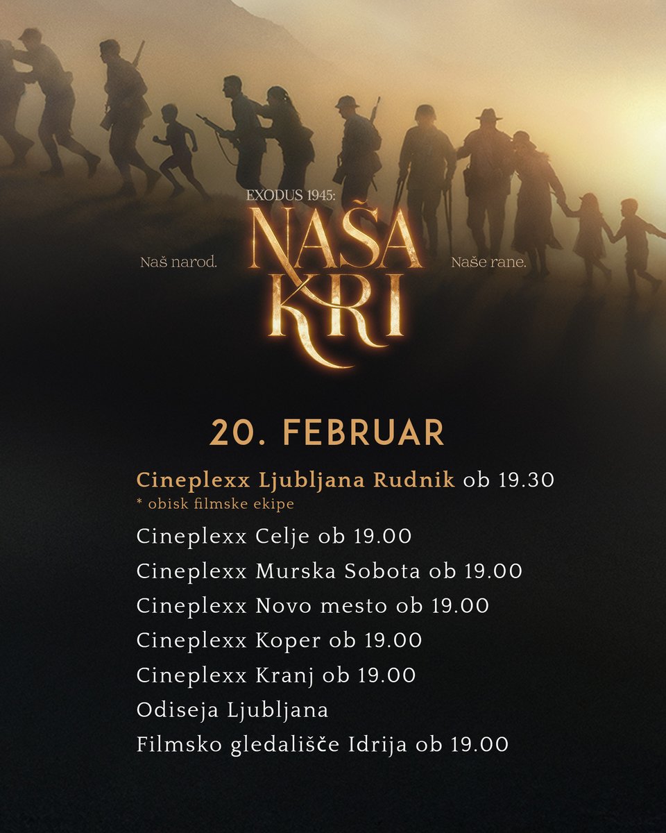 siposh's tweet photo. Film Exodus 1945: Naša kri si lahko ogledate v Cineplexxu, Odiseji, Mariboxu in kinematografih Art kino mreže. Vabljeni, da obiščete našo spletno stran in si zagotovite vstopnice. 🎫 https://t.co/ycl4ta10ZZ
.
.
#Exodus1945 #Našakri #kmalu #vkinu https://t.co/pzqEPsLfwH