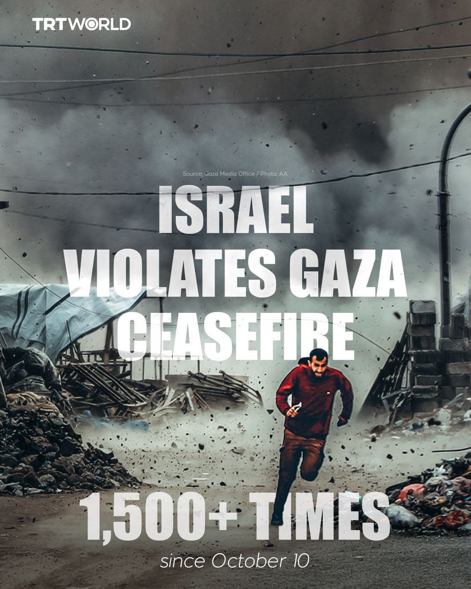 trtworld's tweet photo. This is what Israel’s ceasefire looks like in Gaza:

556 Palestinians killed
1,500 wounded
50 illegally detained https://t.co/eNgvqQmY7w