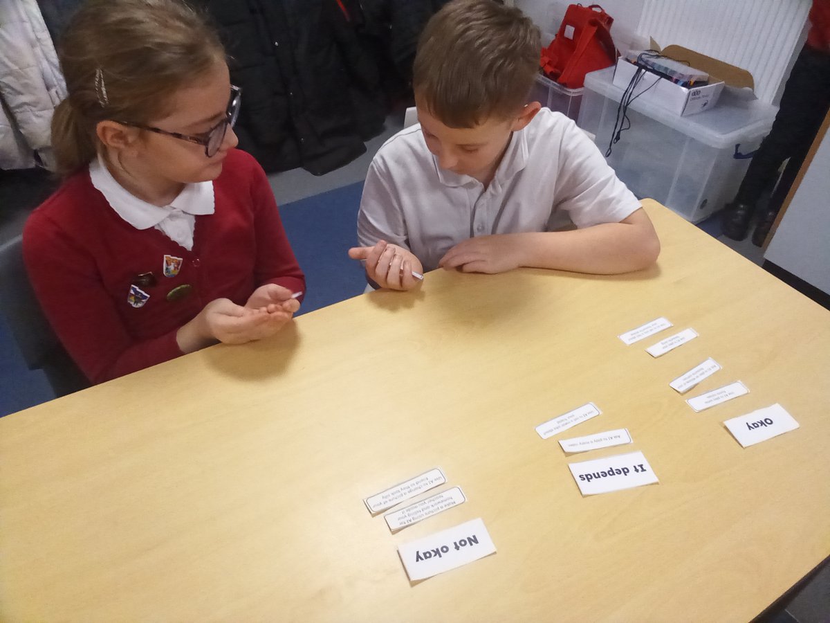 GCP_Y5and6's tweet photo. We have discussed as a class the different ways we might  use AI. The children are now sorting different scenarios into okay, not okay and it depends groups.  @UK_SIC  #GCPComputing @PrimaryGreat https://t.co/q9vVBVHrDl