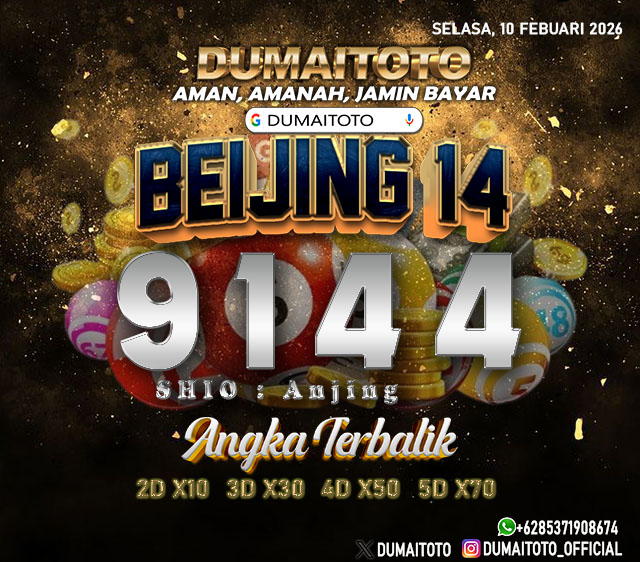 dumaitoto_id's tweet image. RESULT BEIJING 14 : 9144 !!!
SELASA, 10 FEBUARI  2026
#dumaitoto #resulttogel