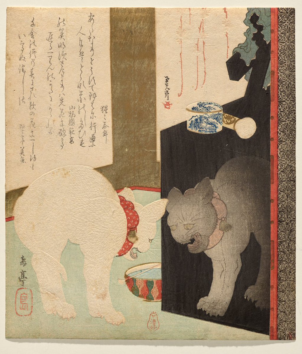 自分が映った姿にビビッてしまい、やんのか状態になってる200年前の猫