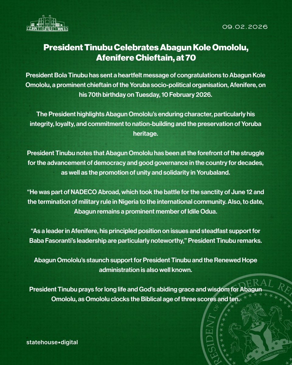 NGRPresident's tweet image. President Tinubu Celebrates Abagun Kole Omololu, Afenifere Chieftain, at 70.
