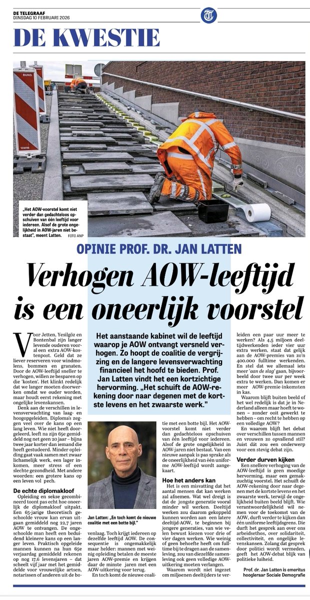Het voorstel om de #AOW-leefijd versneld te verhogen is echt een valse start van de coalitie, er zijn zoveel andere manieren om de AOW eerlijk en betaalbaar te houden. Mijn opinie in de <a href="/telegraaf/">De Telegraaf</a>