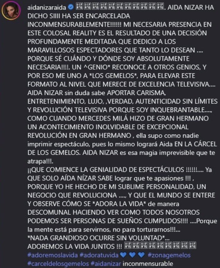 ‼️ Primeras palabras de Aída Nizar tras ser confirmada como concursante oficial de #LaCarcelDeLosGemelos:

"Un genio reconoce a otros genios, y por eso me uno a <a href="/ZonaGemelos/">ZonaGemelos</a>, para elevar este formato al nivel que merece de excelencia televisiva"