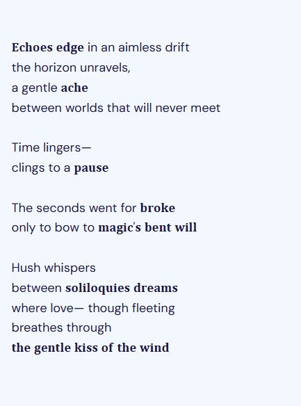iam_ginghs's tweet image. Echoes drift, horizon unravels
a gentle ache between worlds that will never meet
hush whispers where love breathes 
through the wind’s gentle kiss

#Amatory
#vss365
#Storyin6
#WriteMap 422
#FoxProse 
#FairytalePoets