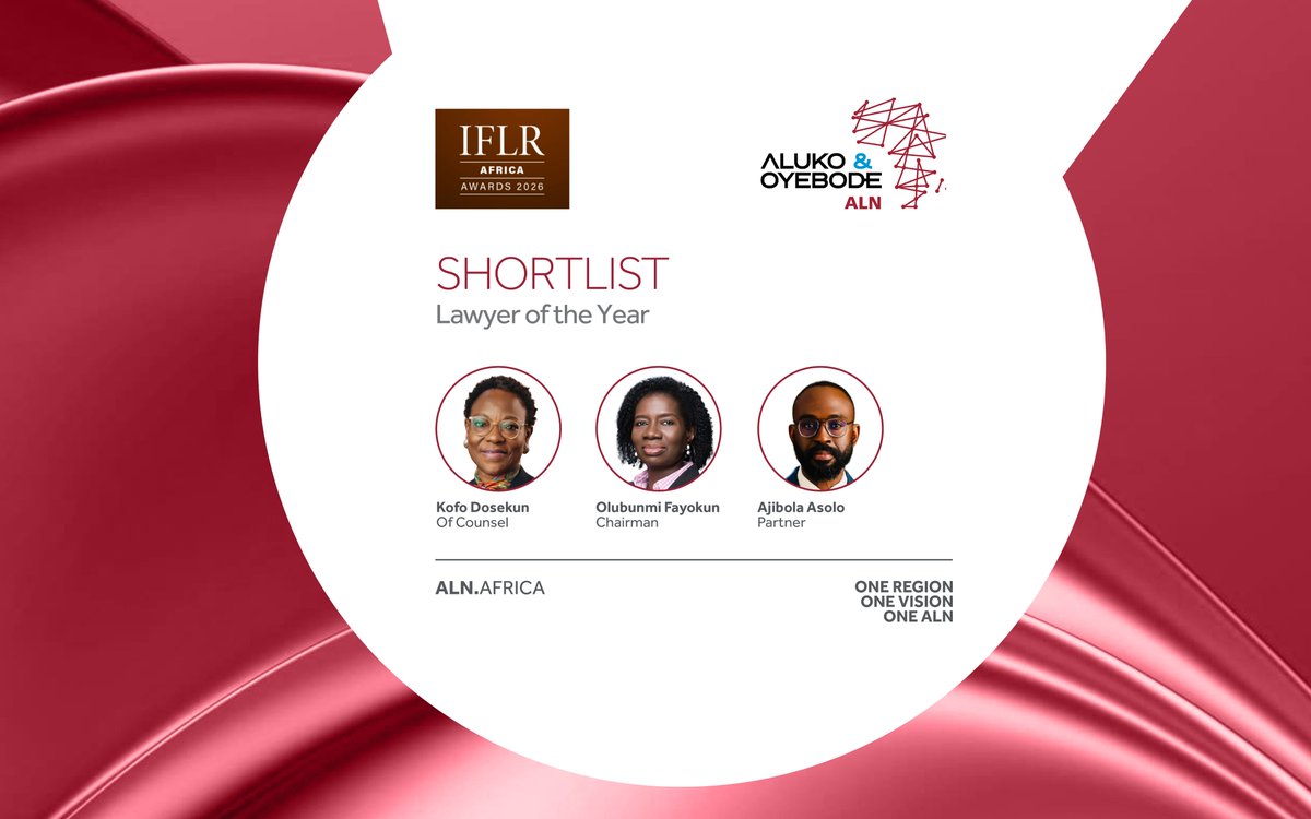Aluko_Oyebode's tweet photo. Aluko & Oyebode is shortlisted across multiple categories at the IFLR Africa 2026 Awards, including Deal of the Year, Team of the Year, and Lawyer of the Year.
👏 Congrats also to ALN and member firms for their shortlistings!
🔗 https://t.co/YhkuzFUwVA
#AlukoandOyebode #oneALN https://t.co/kxrNq7jkIa