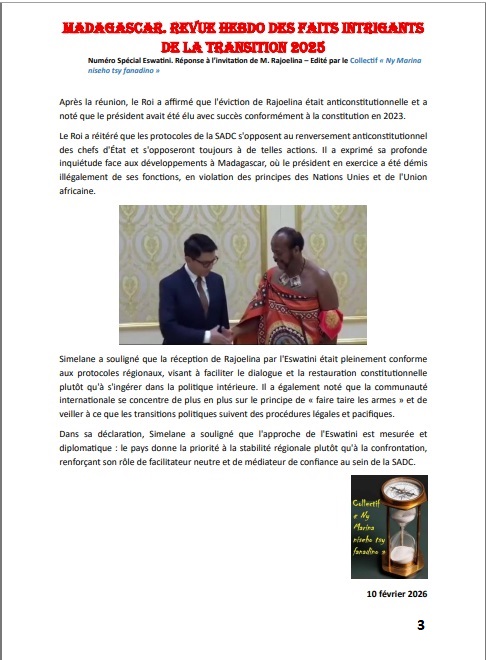 Andry Rajoelina au Royaume d'Eswatini. Réponse au Communiqué de la "Refondation" malgache. «Se lancer dans une bataille d'esprit avec quelqu'un qui n'est pas armé n'est pas notre genre de divertissement», a déclaré Percy Simelane, directeur de la communication du bureau du Roi.