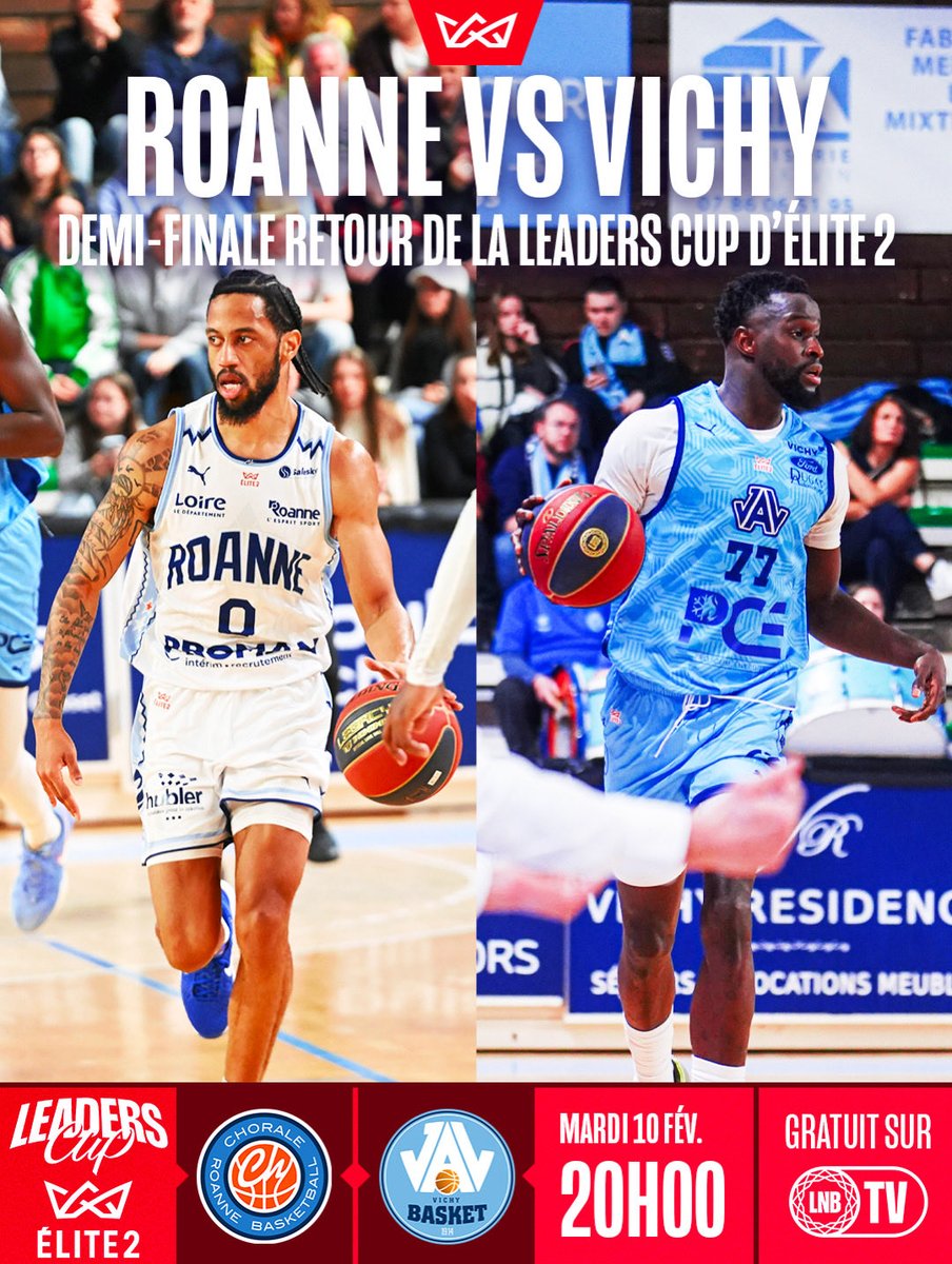 Demi-finale retour de la Leaders Cup ÉLITE 2 ! 🔥

👉 <a href="/ChoraleRoanne/">Chorale Roanne Basket</a> 🆚 <a href="/jav_basket/">JA Vichy Basket</a>, vainqueur 81-78 au match aller… qui rejoindra Orléans en finale ? 👀

À suivre gratuitement ce mardi 10 février à 20h sur LNB TV ! 📺

#Elite2 #LeadersCup #Basketball