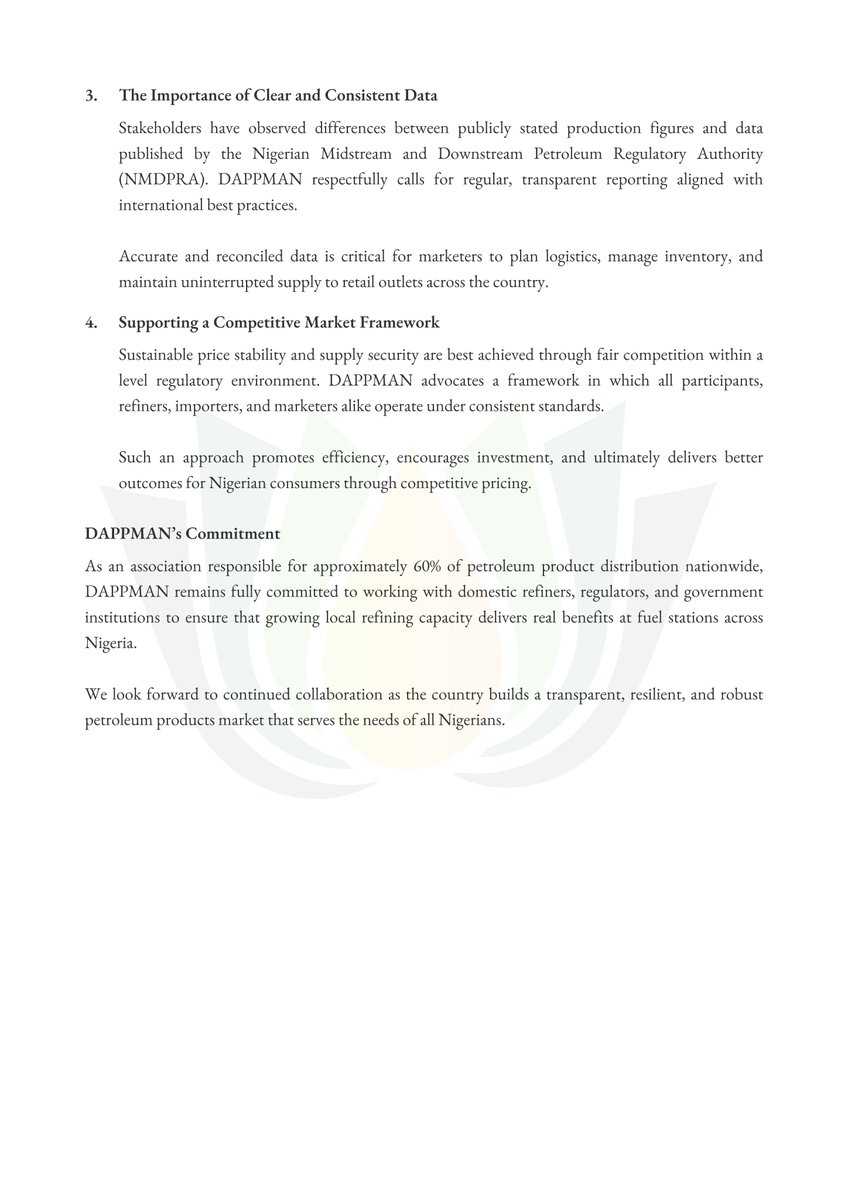 dappmanops's tweet photo. DAPPMAN Statement: Strengthening Nigeria's Energy Security Through Market Transparency. 

As Nigeria's downstream sector evolves, we remain committed to partnering with all stakeholders to ensure reliable fuel supply nationwide. https://t.co/8Iol4nPQy1