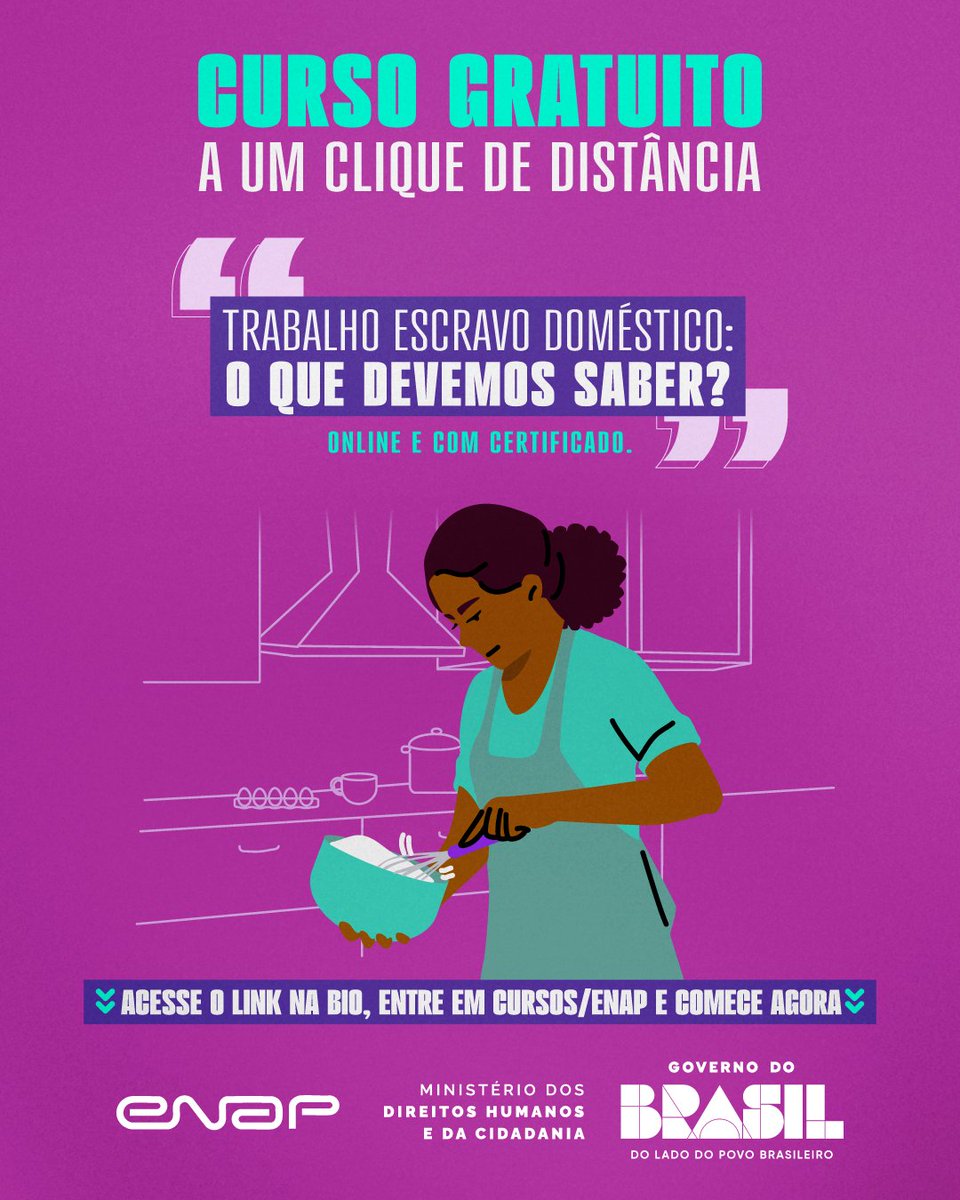 mdhcbrasil's tweet image. 🚨 Chegou curso novo sobre trabalho escravo doméstico!

Uma formação essencial sobre gênero, raça, violência, legislação e políticas públicas.

✅ Gratuito | Online | Com certificado

👉 Inscreva-se até 28 de fevereiro em: escolavirtual.gov.br/curso/1200

#MDHC #Cursos #Enap