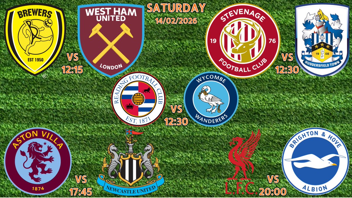 Saturdays Valentines Games ❤️...

⚽Burton Albion v West Ham⚽12:15
⚽Stevenage v Huddersfield⚽12:30
⚽Reading v Wycombe⚽12:30
⚽Aston Villa v Newcastle United⚽17:45
⚽Liverpool v Brighton⚽20:00

Watch ALL these games LIVE this special weekend @ Steelers Sports Bar