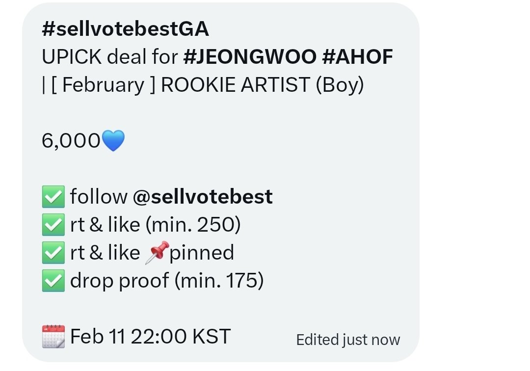 ahofchartdata's tweet photo. #sellvotebestGA
UPICK deal for #JEONGWOO #AHOF | [February] ROOKIE ARTIST (Boy)

6,000💙

✅ follow @sellvotebest  
✅ rt &amp; like (min. 250)
✅ rt &amp; like 📌pinned
✅ drop proof (min. 175)

🗓️ Feb 11 22:00 KST https://t.co/z0vUv9hghj