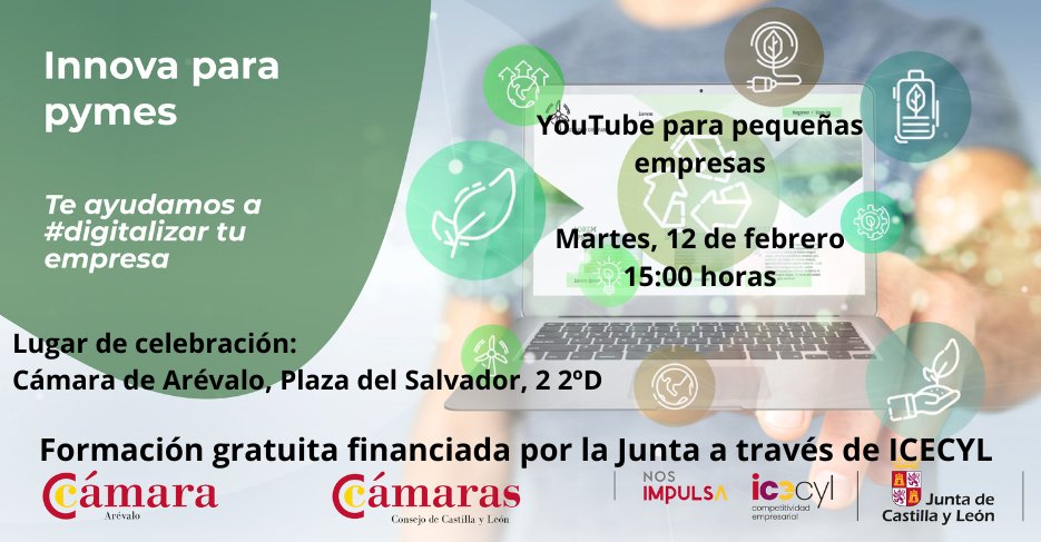 💻 Queremos que digitalices tu #empresa. Si eres una #pyme participa en la píldora formativa gratuita que vamos a celebrar: 
🗓️ 12/02 
⏰15:00 h
Actuación de <a href="/camarascyl/">Consejo de Cámaras de Comercio CyL</a> financiada por <a href="/empresasjcyl/">Competitividad Empresarial JCyL</a>. 
Inscríbete en <a href="/camararevalo/">camararevalo</a>👇🏼
Píldora Formativa: YOUTUBE PARA PEQUEÑAS EMPRESAS