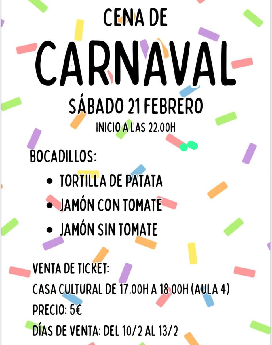 CARNAVAL EN BIOTA, 21 de febrero 
🧑‍🍳Habrá cena popular, para la que hay que sacar el correspondiente tique. 
👉Desde hoy, hasta el viernes, 13 de febrero, de 17.00 a 18.00 horas, puede hacerlo en la Casa de Cultura de Biota (Aula 4). 
#comarcacincovillas
#biota