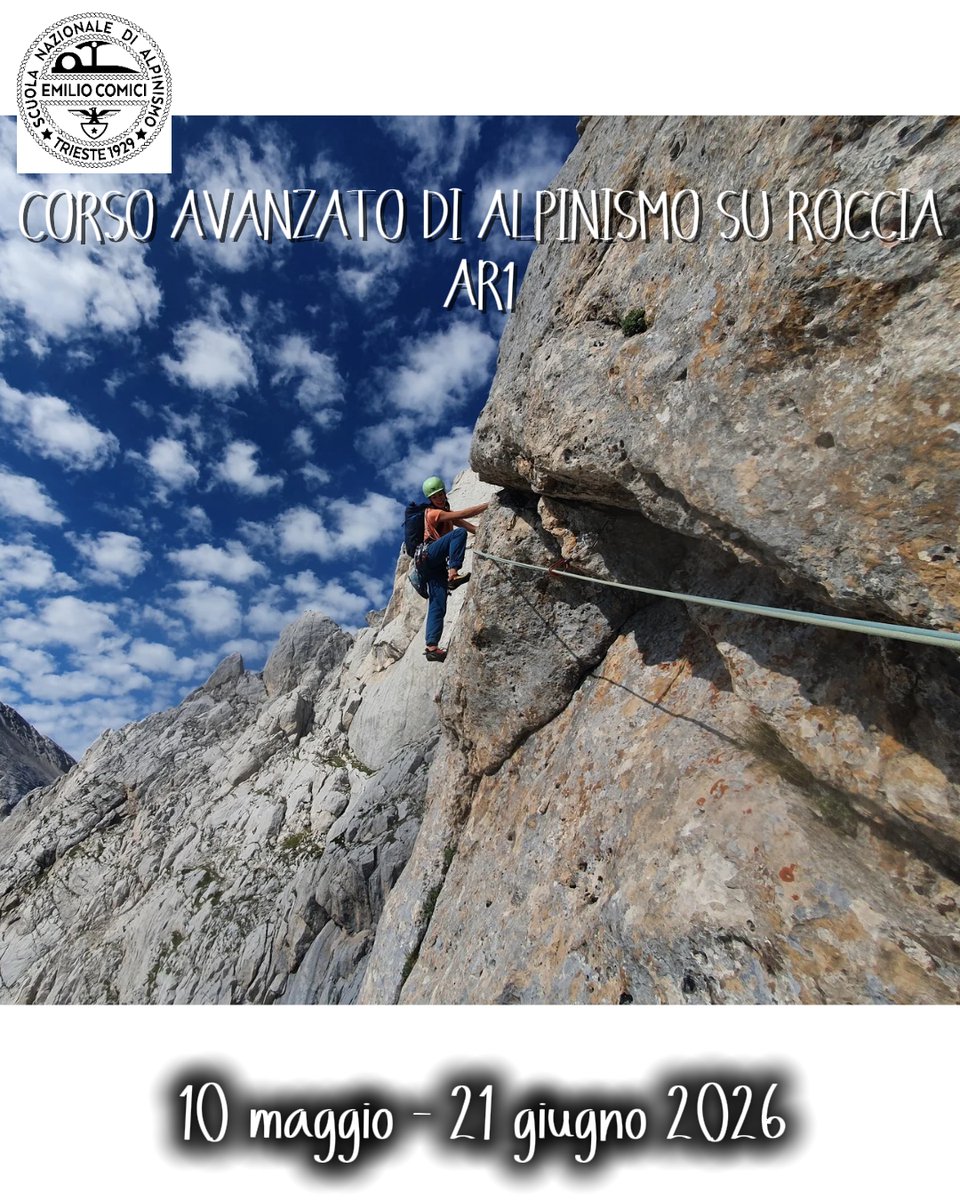 ❗️Udite, udite❗️
Si sono APERTE ieri, lunedì 9 febbraio, le ISCRIZIONI al CORSO AVANZATO DI ALPINISMO SU ROCCIA AR1 ⛰️ 🧗
📌 Il corso, a cura della Scuola Nazionale di Alpinismo Emilio Comici, si terrà dal 10.05 al 21.06 2026.
👉 info scuoladialpinismo.eu/corsi-arrampic…

#caisag <a href="/caifvg/">CAI FVG</a>
