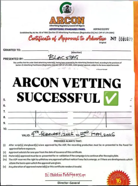Blacstag_'s tweet photo. ARCON Vetting successfully completed✅

Planning a campaign? Let's help you do it right 👍

#blacstag #vetting #arcon #Advertising 

Rotimi Amaechi Pete Edochie INEC
#OccupyNASS2026 https://t.co/MTI6IJh1JZ