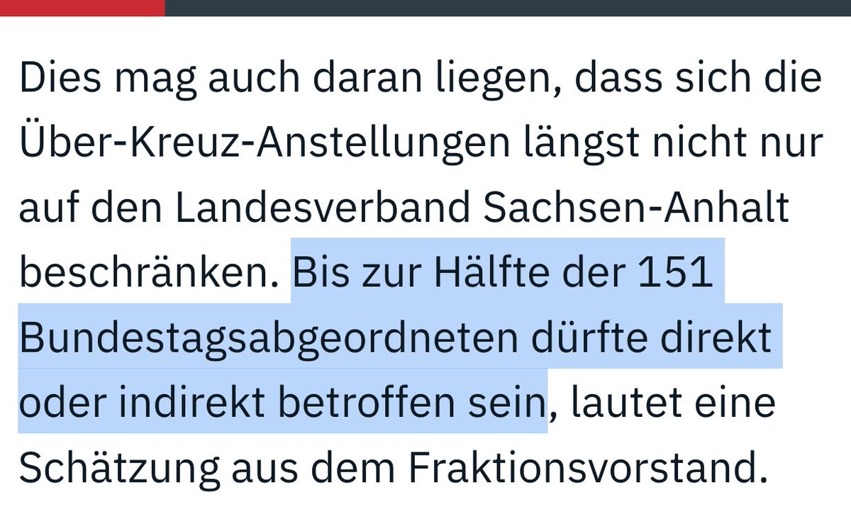 Vetternwirtschaft in Form von "Über-Kreuz-Anstellungen" (ich stelle deinen Vater an, du stellst meine Frau an) betrifft laut eigenen (!) Schätzungen der AfD rund die Hälfte ihrer Bundestagsabgeordneten. Quelle: <a href="/ntvde/">ntv Nachrichten</a>
