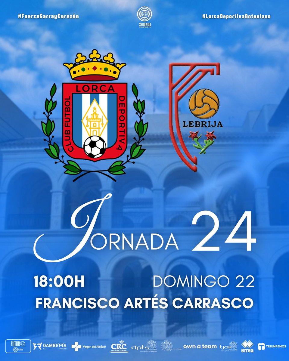 ⚔️ 𝗛𝗢𝗥𝗔𝗥𝗜𝗢 𝗢𝗙𝗜𝗖𝗜𝗔𝗟

🏆 𝟮𝗥𝗙𝗘𝗙 | 𝗚.𝗜𝗩 | 𝗝𝗼𝗿𝗻𝗮𝗱𝗮 𝟮𝟰
🆚 <a href="/CAAntoniano/">Club Atlético Antoniano Grupo Velázquez</a> 
🗓️ 𝗗𝗼𝗺𝗶𝗻𝗴𝗼 𝟮𝟮 𝗱𝗲 𝗳𝗲𝗯𝗿𝗲𝗿𝗼
⌚️ 𝟭𝟴:𝟬𝟬𝗛
🏟️ 𝗙𝗿𝗮𝗻𝗰𝗶𝘀𝗰𝗼 𝗔𝗿𝘁𝗲𝘀 𝗖𝗮𝗿𝗿𝗮𝘀𝗰𝗼

#LorcaDeportivaAntoniano 
#SoloySiempreLorcaDeportiva