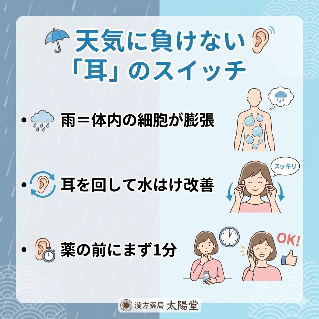 taiyodo_kampo's tweet photo. 【雨の日に古傷が痛む】

これは迷信ではなく、物理現象です。

明日は祝日ですが、天気が崩れますね。

気圧が下がると、ポテトチップスの袋がパンパンになるように、人間の細胞も膨張します。

膨らんだ細胞が神経を圧迫する。

これが雨の日の頭痛や関節痛の正体です。

これを防ぐスイッチが「耳」にあります。

耳の奥には気圧センサーがあるので、耳を引っ張って回すだけで、センサーの誤作動が止まります。

薬を飲む前に、まずは両耳をぐるぐる回してください。

低気圧に負けない身体は、1分で作れます。

▪️まとめ

・雨＝身体が膨張する
・耳は気圧のスイッチ
・回すだけで薬いらず

低気圧に弱い同志の方、

いいねで励まし合いましょう