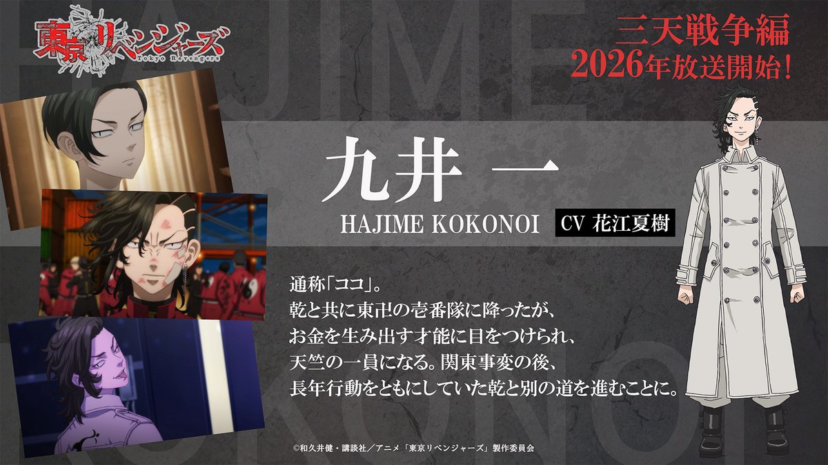 ━━━［三天戦争編放送決定記念！］━━━
　　TVアニメ『東京リベンジャーズ』
　　　　 🔥キャラクター紹介🔥
━━━━━━━━━━━━━━━━━━━━

　　◤　　九井 一（CV：花江夏樹） 　◢　

#toman_anime #東リベ