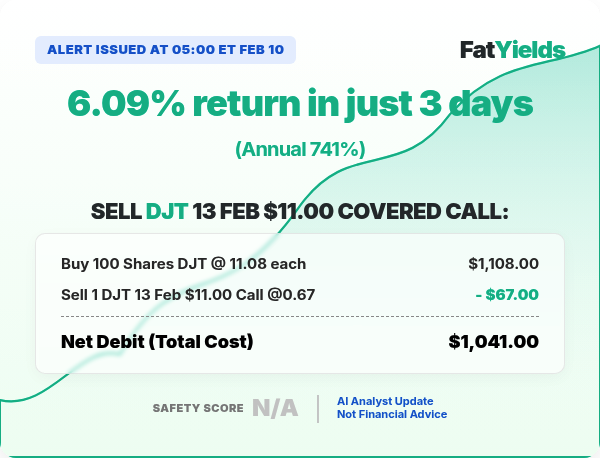 fatyieldslive's tweet photo. 🚨 High Yield Alert: $DJT
💰 Yield: 5.32%
📅 Expires: 2026-02-13

https://t.co/Kfd1CG5f8E https://t.co/58lH5MCjcK