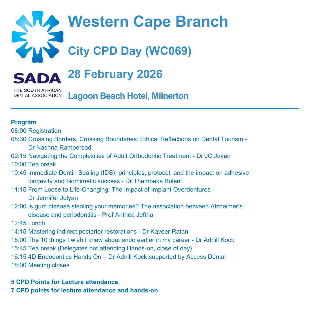 SADA Western Cape City CPD Day 

Date: 28 February 2026
Venue: Lagoon Beach Hotel, Milnerton

5 CPD Points for Lecture attendance. 
7 CPD points for lecture attendance and hands-on