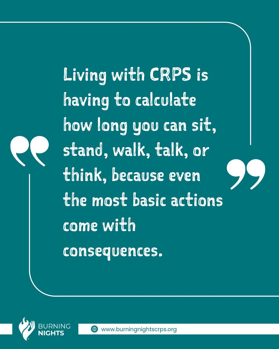 BNightsCRPS's tweet photo. Thought of the day
Living with CRPS is having to calculate how long you can sit, stand, walk, talk, or think, because even the most basic actions come with consequences.
•
•
•
•
•
#BNightsCRPS #CRPS #crpsawareness #crpswarrior #crpslife #crpssupport #chronicpain #CRPSisReal https://t.co/5Ps6wFy7ex