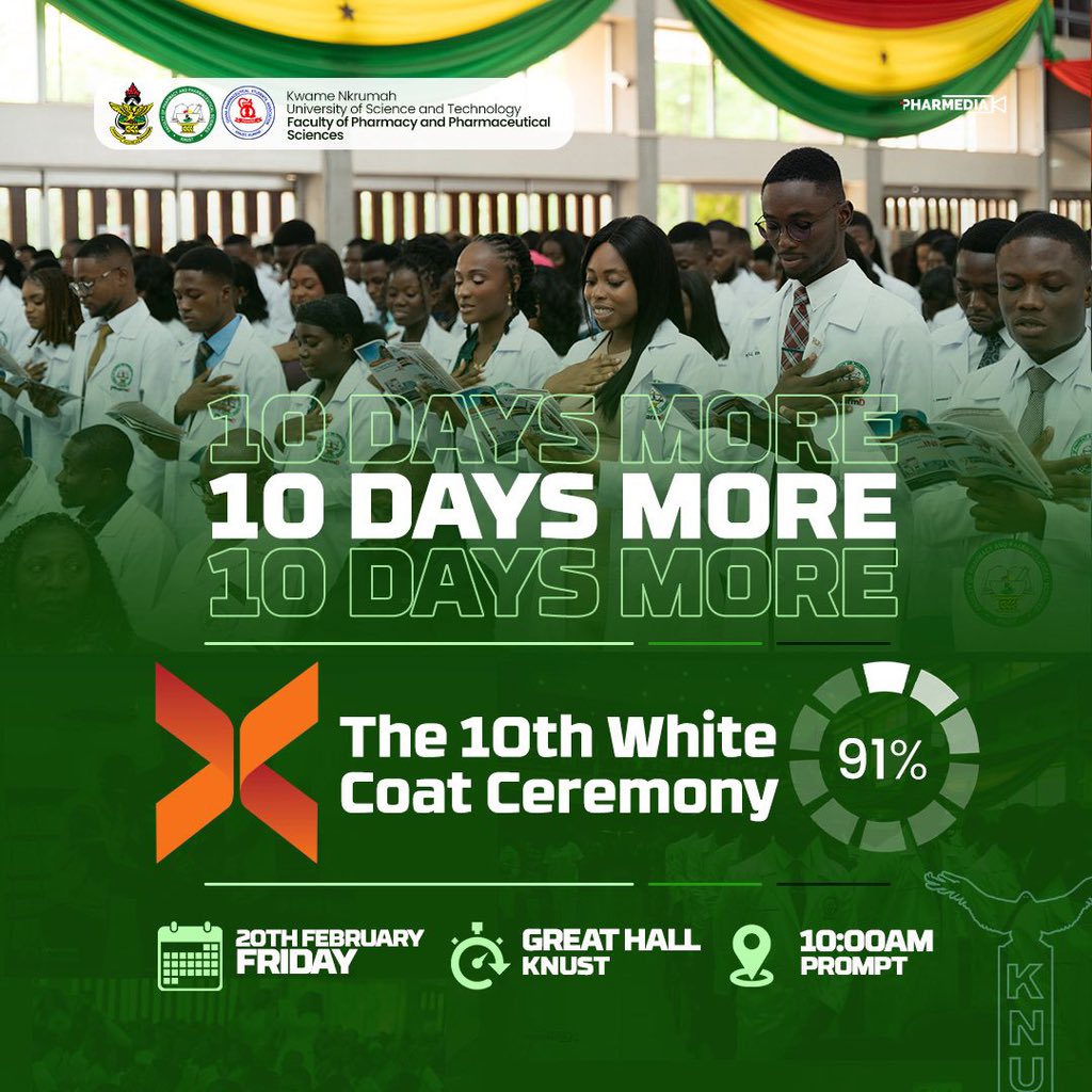knust_rx27's tweet photo. The journey from the classroom to the clinic is almost complete 🩺🎉🥳
10 days until we don the White coat 🥼and embrace the responsibility of care 💪
A decade of excellence continues at the 10th White Coat Ceremony! https://t.co/aGhflVU0BQ