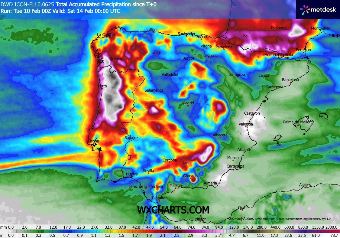 Between today and Friday, a span of just 4 days, the ongoing atmospheric river is expected to result in an additional 50-100+ mm of rain widely, with 100-200 mm possible over higher terrain in central and northern Portugal into parts of Spain. 

This will continue to worsen the
