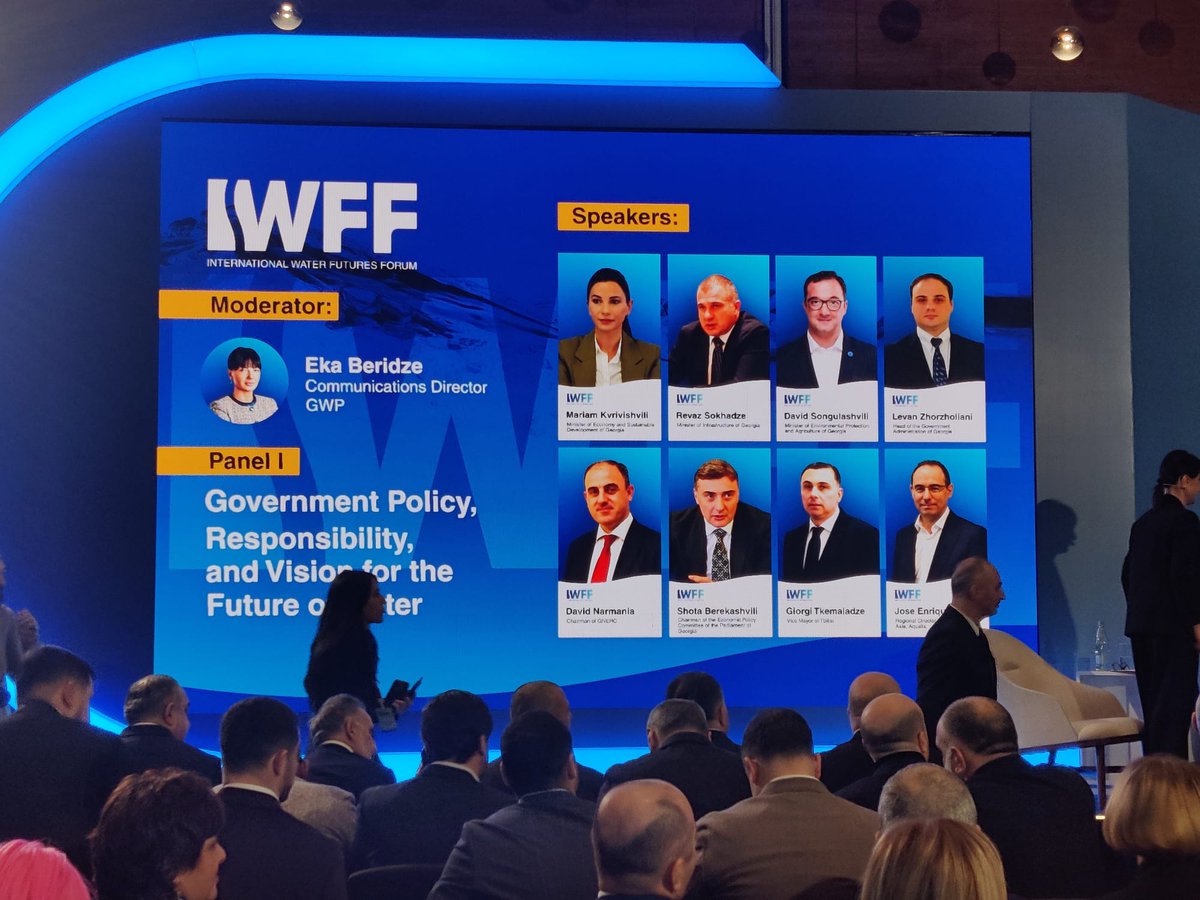 aqualia's tweet photo. First panel of #IWFF: “Government: Policy, Responsibility, and Vision for the Future of Water” 💧
Participants:
🔹 Mariam Kvirikashvili, Minister of Economy and Sustainable Development
🔹 Revaz Sokhadze, Minister of Infrastructure
🔹 @SongulashviliD, Minister of Environmental Protection and Agriculture
🔹 Levan Zhorzholiani, Head of Government Administration
🔹 @DNarmania, President of @Gnerc_
🔹 Shota Berekashvili, President of the Economic Policy Committee of the Parliament
🔹 Giorgi Tkemaladze, Deputy Mayor of Tbilisi
🔹 Jose Enrique Bofil, Regional Director MENA & Asia at #Aqualia.
🎙️ Moderator: Eka Beridze, Communications Director at GWP