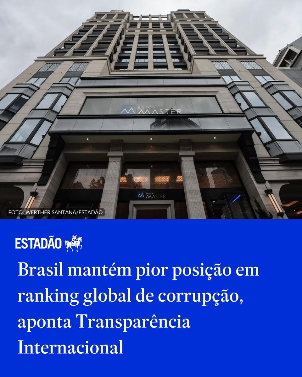 Brasil mantém pior posição em ranking global de corrupção, aponta Transparência Internacional → x.gd/TOgUl

Relatório destaca escândalos no INSS e Banco Master