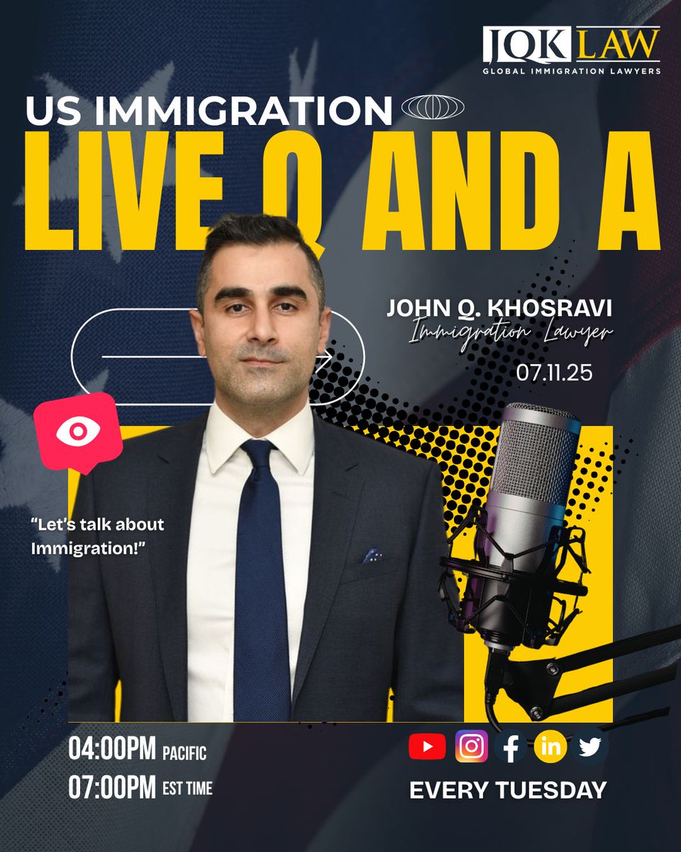 JQKLawFirm's tweet image. Confused about immigration? 🤔 Join Attorney John Q. Khosravi LIVE Tuesdays for clear answers! 💪

📅 4PM PT | 7PM ET
🎥 YouTube | Facebook | TikTok

#jqklaw #immigrationhelp #greencardjourney #uscis