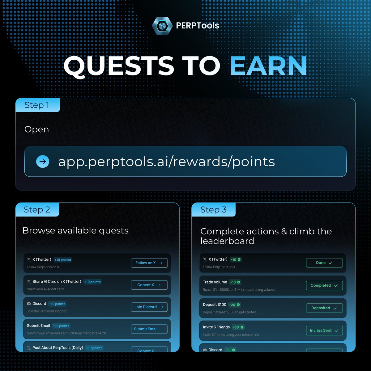🎯 How to Start Doing Quests on PERPTools

Once your AI Agent is created:
1️⃣ Open app.perptools.ai/rewards/points 
2️⃣ Browse available quests
3️⃣ Complete actions &amp; climb the leaderboard

Every quest is your progress. Every action is closer to the top.

⚙️ Start stacking early!