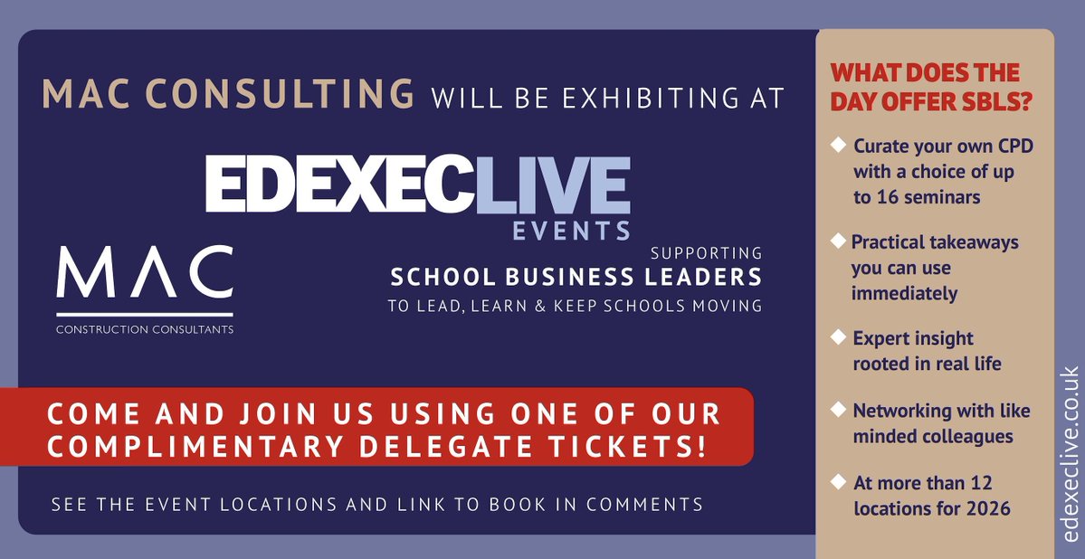 MAC is looking forward to EdExec Live on the 25th February at the Radisson Blu, Manchester Airport.

MAC will be represented by Jon Jones and Chris Smith, who will be attending to connect with school and academy leaders from across the region.

#EdExecLive #EducationEstates