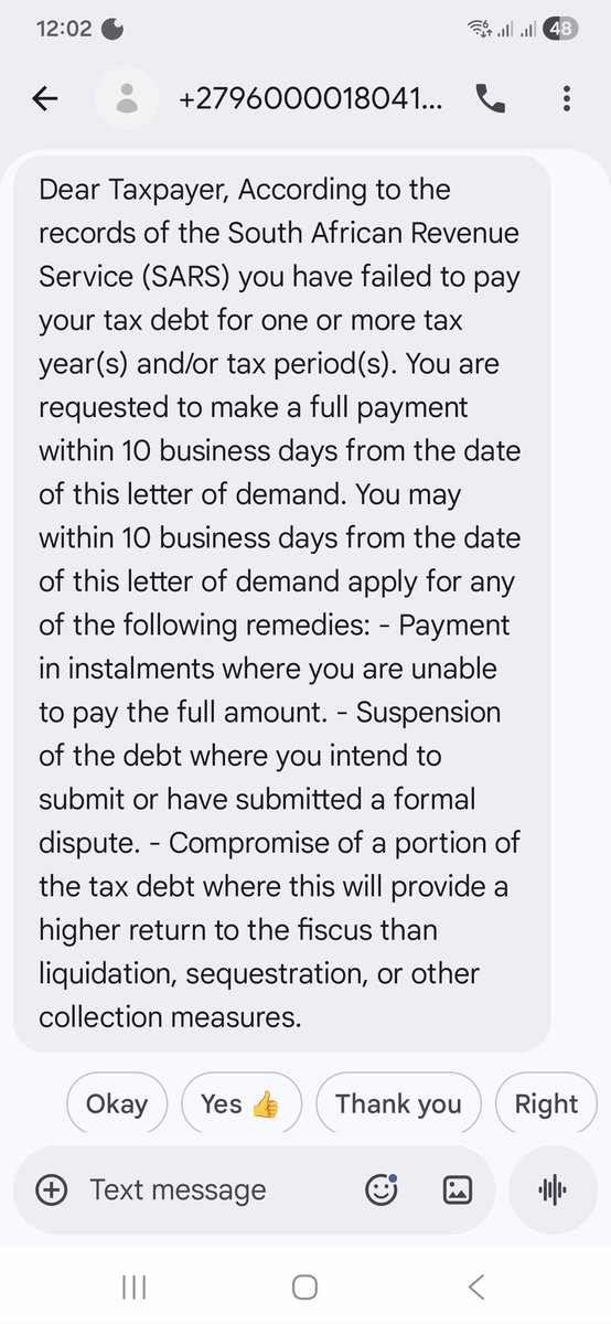 cindy_sheer's tweet photo. @sarstax hey SARS, as a tax practitioner it really doesn't help to receive smses like this. How am I supposed to know which client this is for? Most unhelpful. https://t.co/Rbe3YK0Cm4