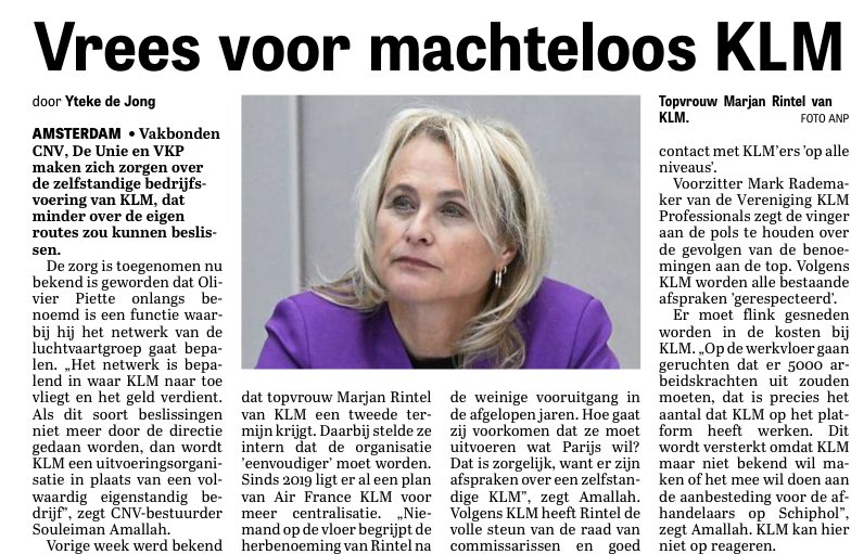 RookmakerDorien's tweet photo. Rintel zal het moeten doen voorkomen alsof KLM nog steeds over de strategie gaat. Maar dat is natuurlijk niet zo. Al lang niet meer. #windowdressing @ytekedejong https://t.co/v9s2AYxZ9g