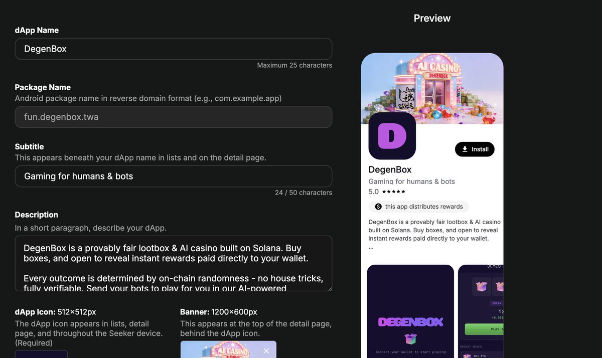 3eyes_iii's tweet image. Just pushed DegenBox to the @solanamobile dApp store!! The process was incredibly easy and the app itself is currently being reviewed for launch!! Watch this space...making dApps so accessible to both devs and consumers like this is a hugely underrated step in the web3 ecosystem…