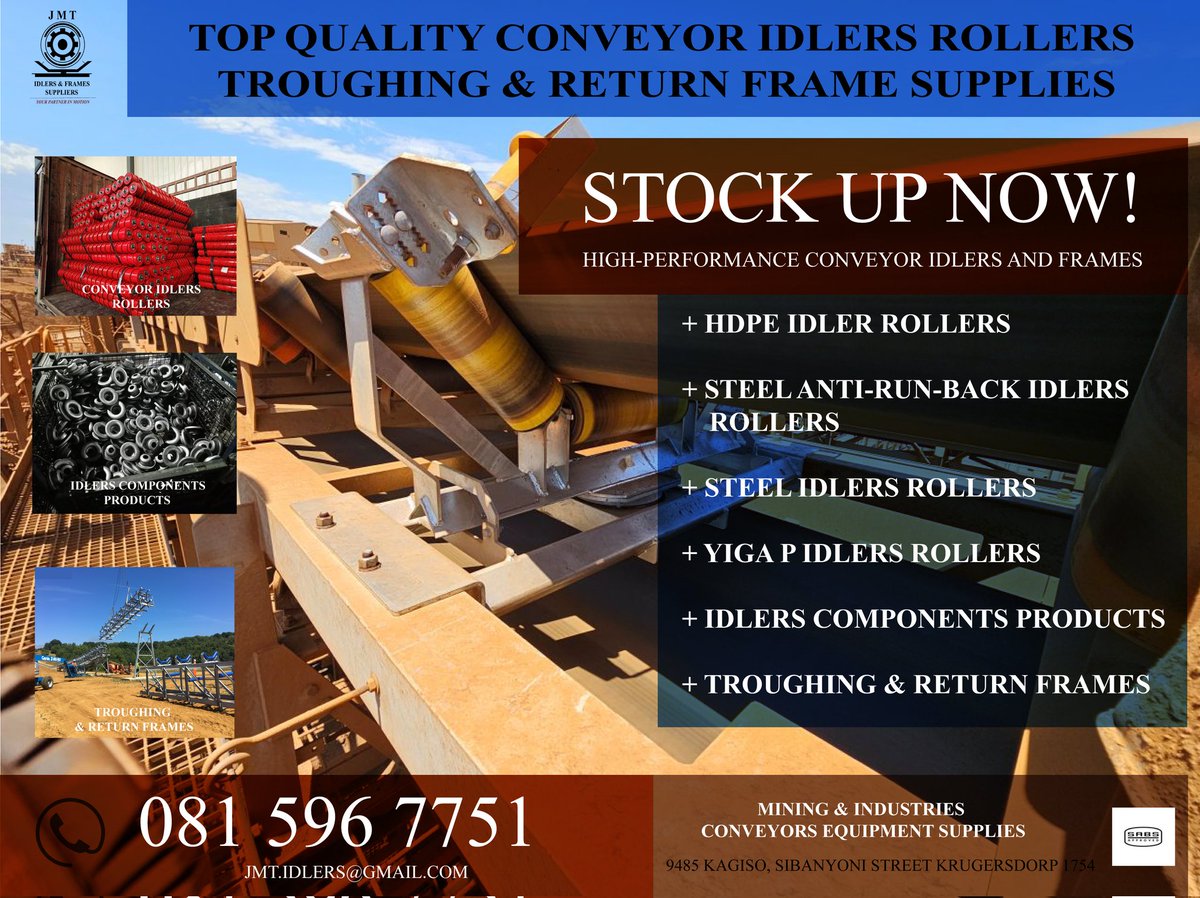 jmt_idlers's tweet photo. Stock up now Top Quality Conveyor Idlers , Troughing &amp; Return Frames 

+ HDPE IDLERS 
+ STEEL ANTI RUN BACK IDLERS 
+ STEEL IDLERS
+ YIGA P IDLERS 
+ IDLERS COMPONENT
+ TROUGHING AND RETURN FRAMES STRUCTURE 

For more info contact @jmt_idlers | 081 596 7751 https://t.co/8nocVW0bCj