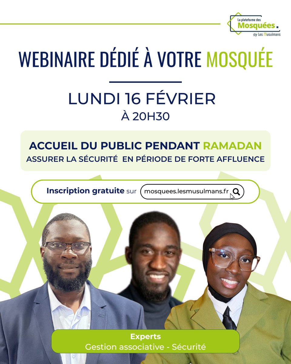 LesMusulmans's tweet image. 💻 Webinaire – Accueil du public pendant Ramadan

Hygiène, sécurité, gestion de l’affluence : un rendez-vous pour accompagner les responsables associatifs.

📅 16 février – 20h30 
📝 Inscription : mosquees.lesmusulmans.fr/webinaire/8
#Ramadan #Webinaire #Associations #Sécurité #ERP