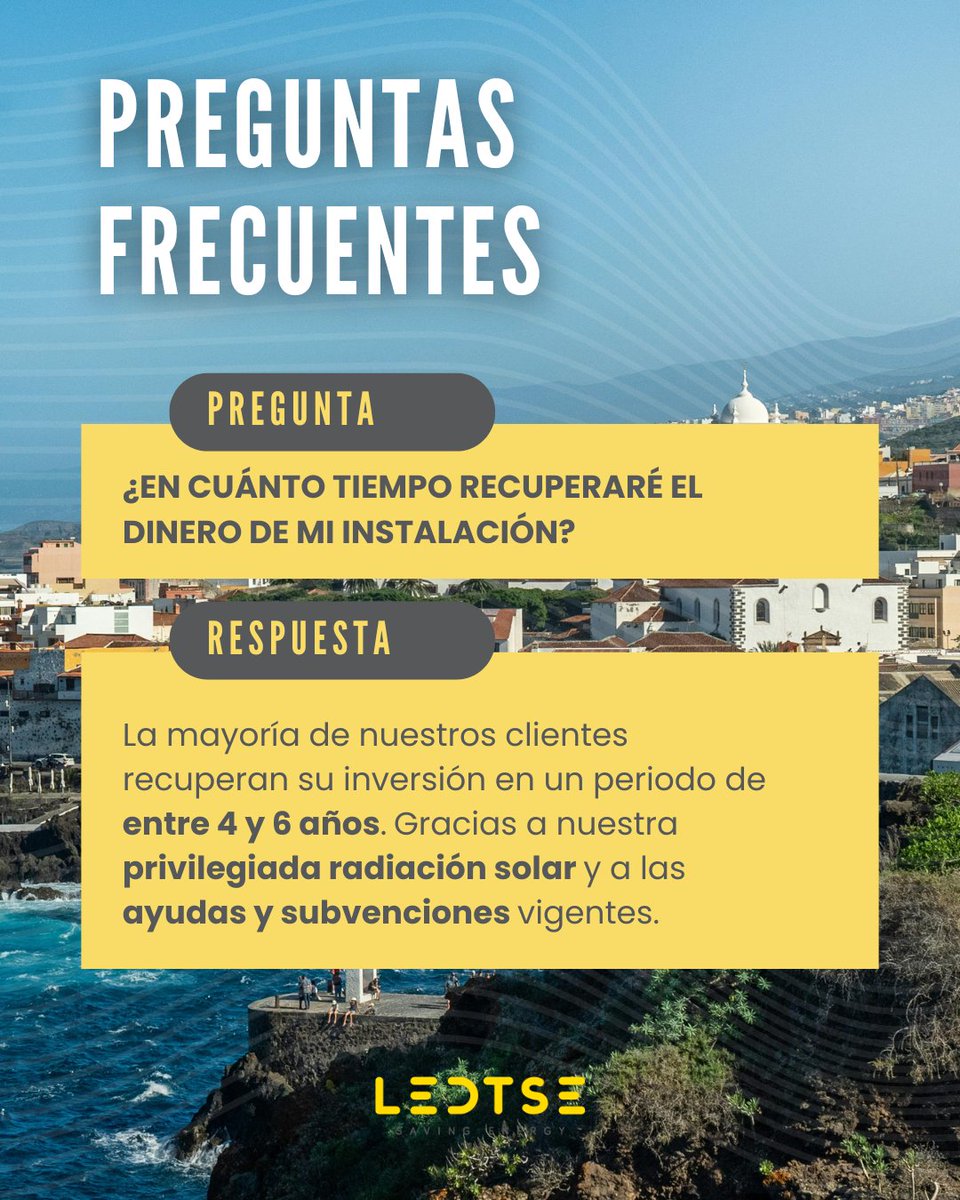 ⏳💰 ¿En cuánto tiempo recuperaré el dinero de mi instalación?

Con el sol de las islas y las ayudas y subvenciones actuales, ese periodo baja a solo 4-6 años.

👉 Solicita tu estudio personalizado gratis en ledtse.com/placas-solares…
