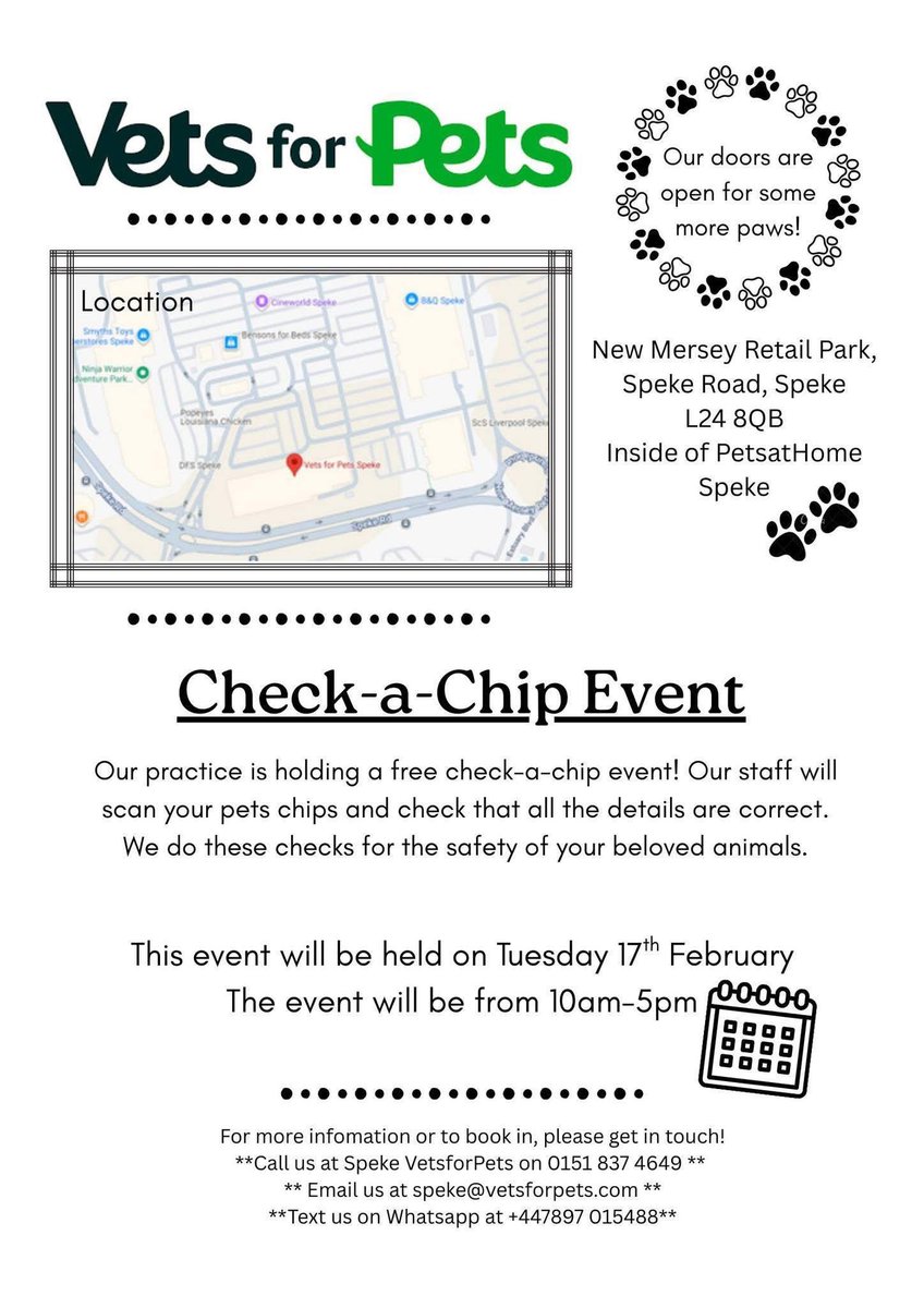 VetsGetScanning's tweet image. A huge thank you to @PetsatHome @VetsforPetsUK for taking the initiative and starting a free Check-a-Chip Event on Tuesday, 17th February, from 10am to 5pm at their New Mersey Retail Park, #Speke, #Liverpool, #Merseyside, L24 8QB. It’s good to hear you are doing this event for