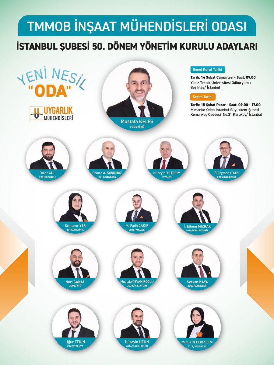 Genç MMG Başkanımız Uğur Tekin, TMMOB İnşaat Mühendisleri Odası İstanbul Şubesi seçimlerinde Turuncu Liste’de Yönetim Kurulu Adayı olarak yer almaktadır.
 
MMG ve İMO üyesi olan değerli üyelerimizi oy kullanmaya davet ediyor; Mustafa Keleş başkanlığındaki Turuncu Liste’ye