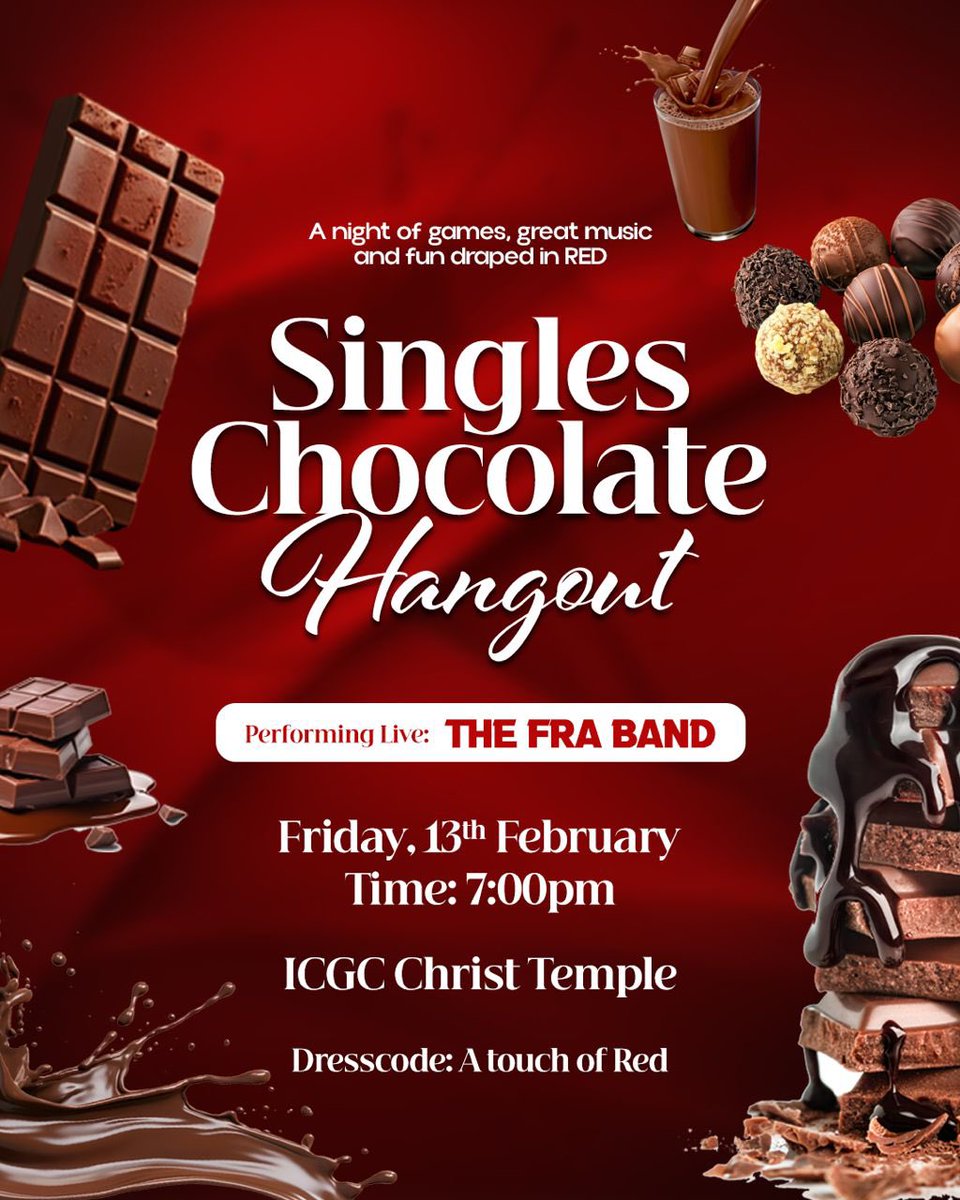 ICGCChrist's tweet photo. Hey Singles… This Friday, just got sweeter. Red lights. Great music. Chocolate and great company at the Singles Chocolate Hangout. 

Brace yourself for live music from FRA Band, fun games, wholesome moments to remember and lots and lots of chocolate.

See ya! https://t.co/C4UekG7TYd