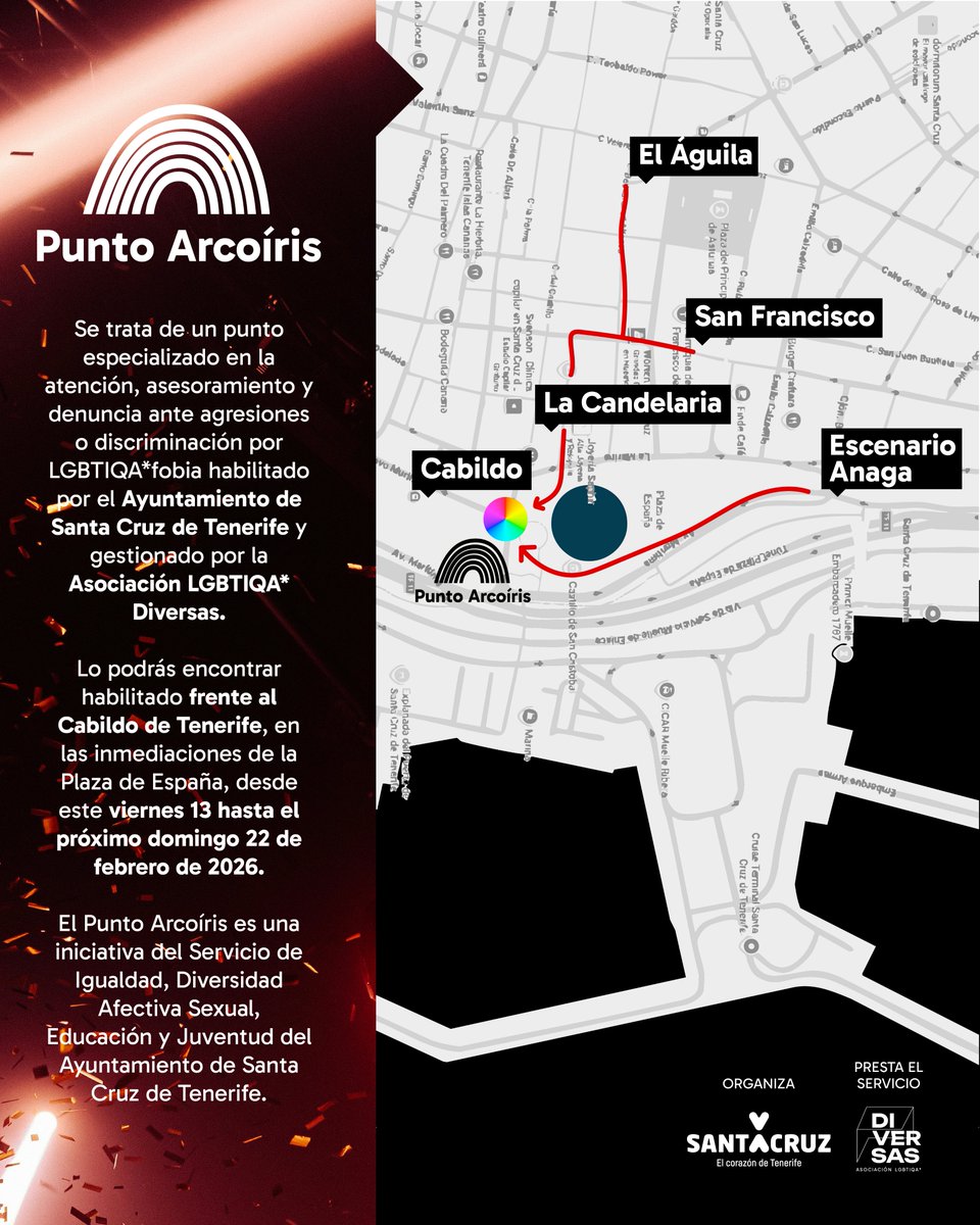 🏳️‍🌈 PUNTO ARCOÍRIS EN EL CARNAVAL 🎭

Si sufres LGBTIQAfobia acude al Punto Arcoíris de la Plaza de España, donde estamos para atenderte.

👉 Iniciativa del Servicio de Igualdad, Diversidad Afectiva Sexual,  Educación y Juventud del Ayto. de SC de Tenerife.

#carnavalSC #LGBTIQA